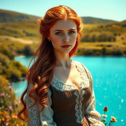 A portrait of a beautiful 17th-century Irish woman standing by a serene blue lagoon