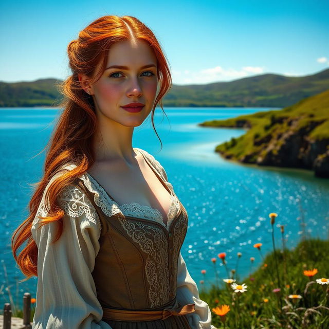 A portrait of a beautiful 17th-century Irish woman standing by a serene blue lagoon