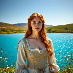 A portrait of a beautiful 17th-century Irish woman standing by a serene blue lagoon