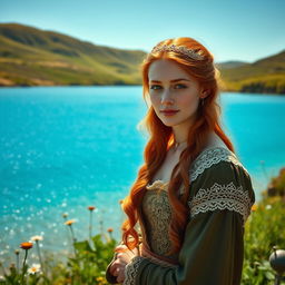 A portrait of a beautiful 17th-century Irish woman standing by a serene blue lagoon