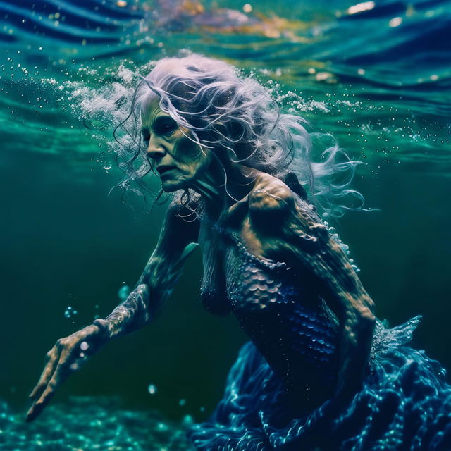 A high-definition underwater photograph of an elderly, grey-haired mermaid swimming peacefully in the ocean