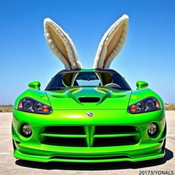 A vibrant green Dodge Viper sports car uniquely adorned with oversized, playful bunny ears perched atop the roof