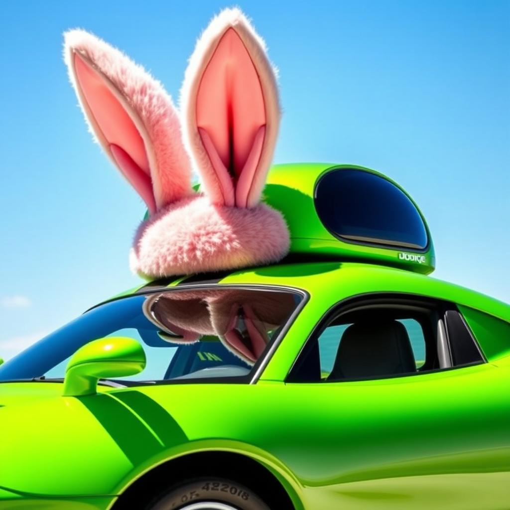 A vibrant green Dodge Viper sports car uniquely adorned with oversized, playful bunny ears perched atop the roof