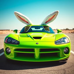 A vibrant green Dodge Viper sports car uniquely adorned with oversized, playful bunny ears perched atop the roof