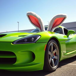A vibrant green Dodge Viper sports car uniquely adorned with oversized, playful bunny ears perched atop the roof