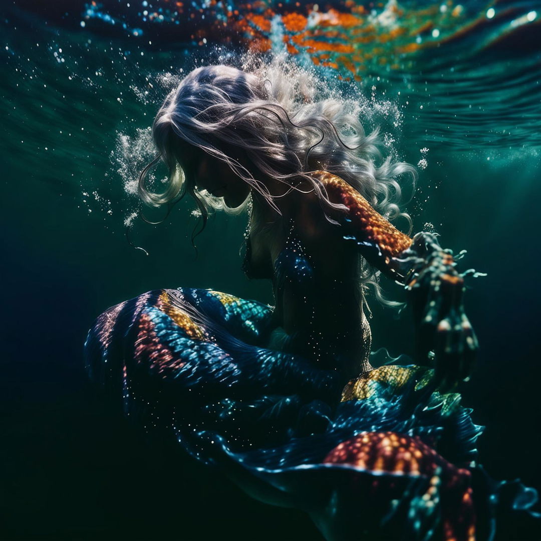 A high-definition, underwater photograph of a content elderly mermaid swimming peacefully