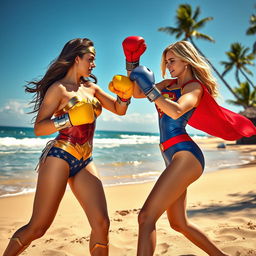 A vibrant and dynamic scene showcasing Wonder Woman and Supergirl in an exciting beach setting, engaged in a playful boxing match