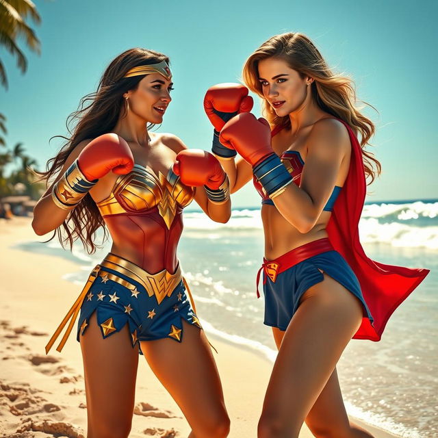 A vibrant and dynamic scene showcasing Wonder Woman and Supergirl in an exciting beach setting, engaged in a playful boxing match