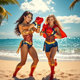 A vibrant and dynamic scene showcasing Wonder Woman and Supergirl in an exciting beach setting, engaged in a playful boxing match