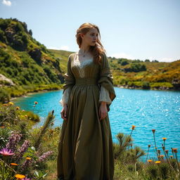 An enchanting scene depicting an Irish woman from the 17th century standing gracefully by a blue lagoon