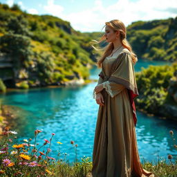 An enchanting scene depicting an Irish woman from the 17th century standing gracefully by a blue lagoon