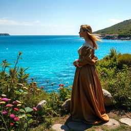 An enchanting scene depicting an Irish woman from the 17th century standing gracefully by a blue lagoon