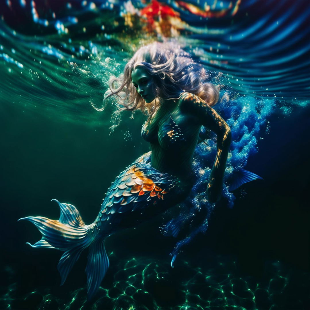 A high-definition, underwater photograph capturing a content elderly mermaid swimming peacefully