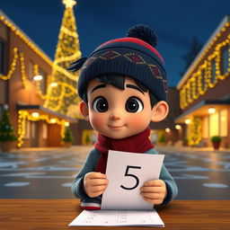 An animated 3D scene of a focused 6-year-old boy named Nil, who is diligently working on his exams at school
