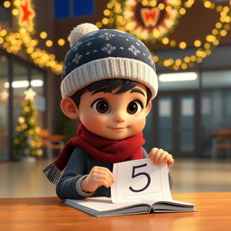An animated 3D scene of a focused 6-year-old boy named Nil, who is diligently working on his exams at school