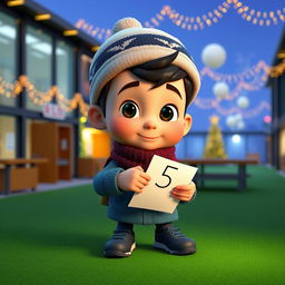 An animated 3D scene of a focused 6-year-old boy named Nil, who is diligently working on his exams at school