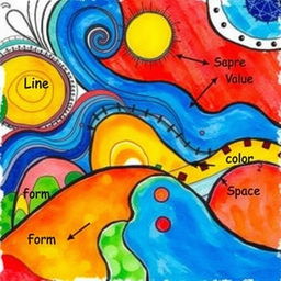 A vibrant and unique artwork illustration created on a 1/4 size illustration board, showcasing a harmonious blend of elements of art such as line, shape, color, texture, form, space, and value