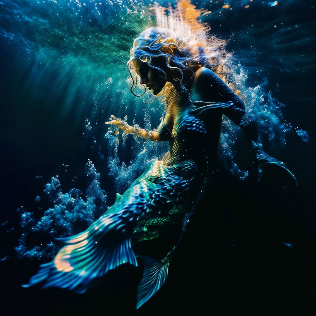 A high-definition underwater photograph of a content elderly mermaid swimming peacefully