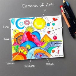 A vibrant and unique artwork illustration created on a 1/4 size illustration board, showcasing a harmonious blend of elements of art such as line, shape, color, texture, form, space, and value