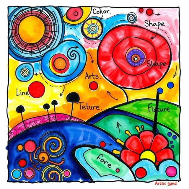 A vibrant and unique artwork illustration created on a 1/4 size illustration board, showcasing a harmonious blend of elements of art such as line, shape, color, texture, form, space, and value