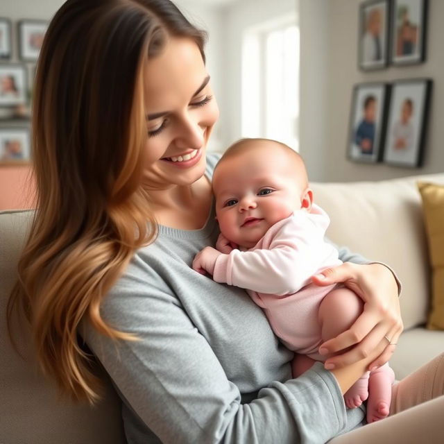 A tender image of a mother gently cradling her 5-month-old baby daughters in her arms with a loving expression on her face