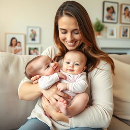 A tender image of a mother gently cradling her 5-month-old baby daughters in her arms with a loving expression on her face