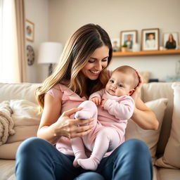 A tender image of a mother gently cradling her 5-month-old baby daughters in her arms with a loving expression on her face
