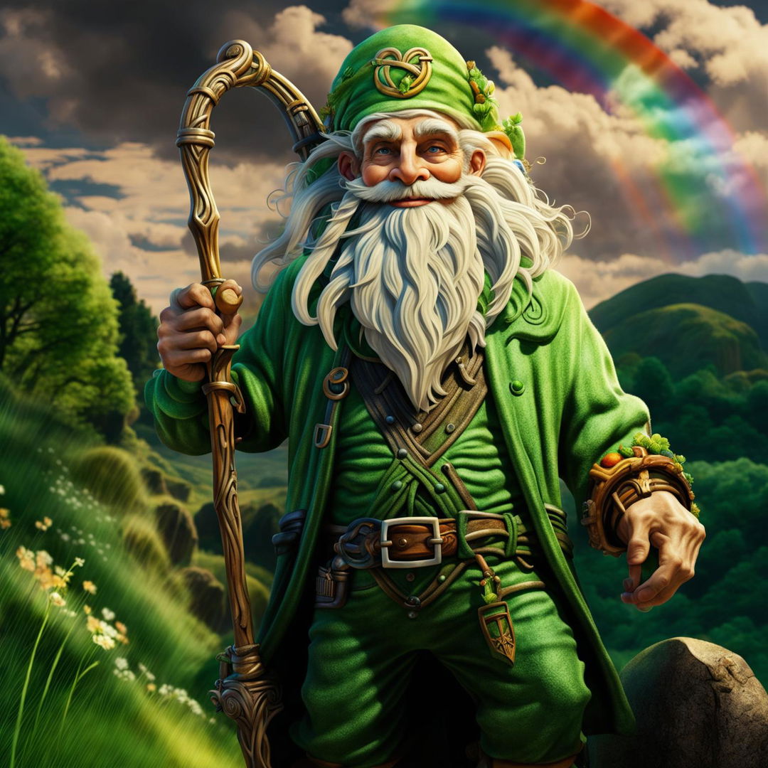 A high-quality digital art image of an elderly leprechaun leaning on a decorated walking stick