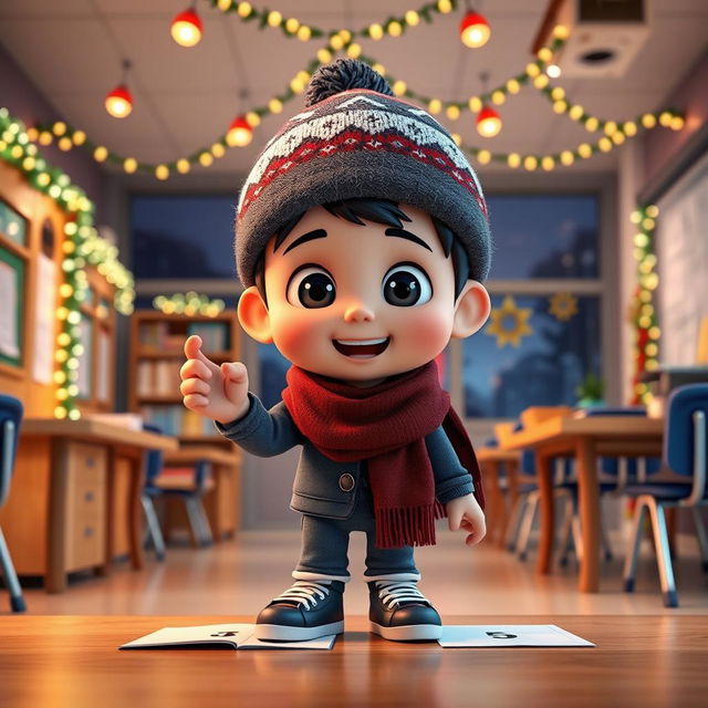 An animated 3D scene of a 6-year-old boy named Nil, who is excitedly putting the number '5' on students' quizzes in the teacher's room at school