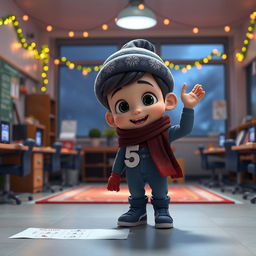 An animated 3D scene of a 6-year-old boy named Nil, who is excitedly putting the number '5' on students' quizzes in the teacher's room at school