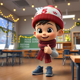 An animated 3D scene of a 6-year-old boy named Nil, who is excitedly putting the number '5' on students' quizzes in the teacher's room at school