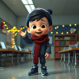 An animated 3D scene of a 6-year-old boy named Nil, who is excitedly putting the number '5' on students' quizzes in the teacher's room at school