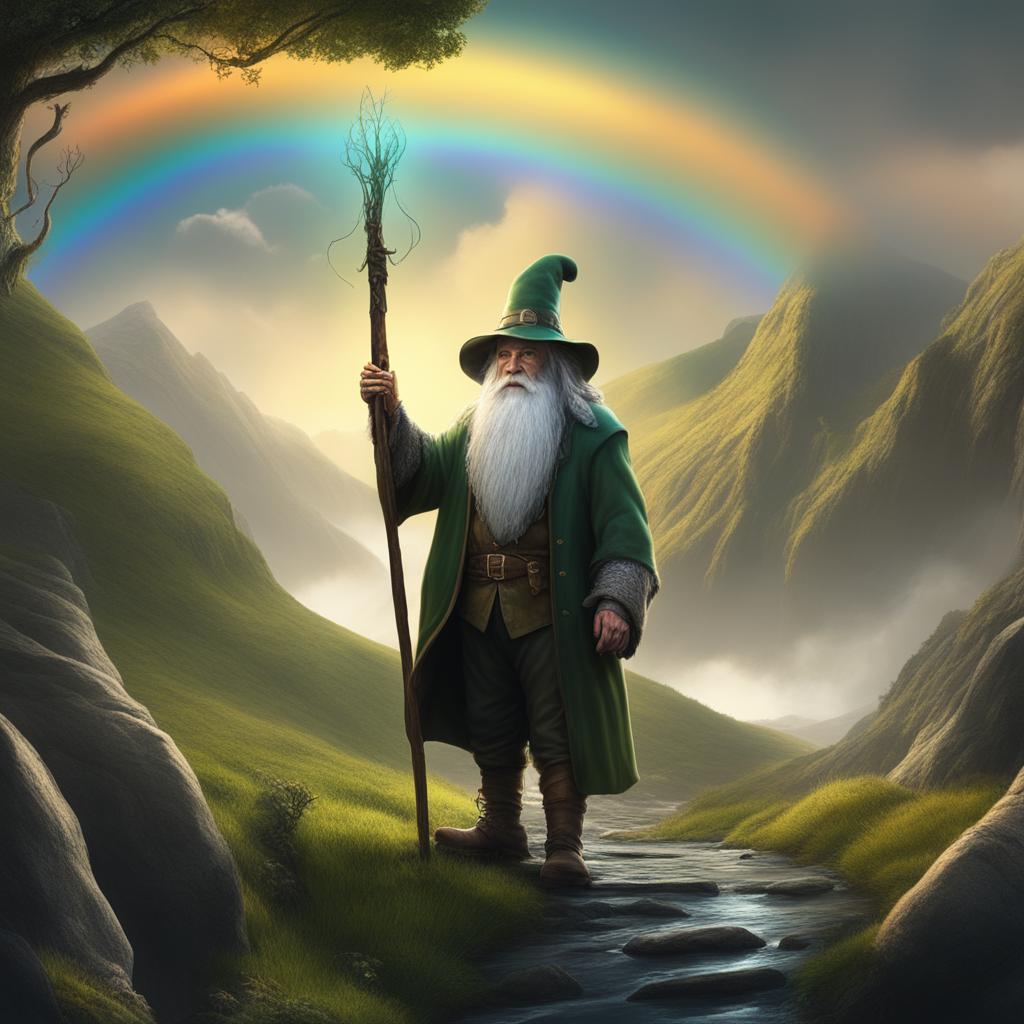 This 8K resolution digital art depicts an elderly leprechaun with a walking stick in a Lord of the Rings-inspired setting