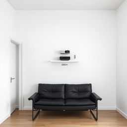 An interior room featuring a stark white wall with a door positioned on the left side