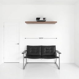An interior room featuring a stark white wall with a door positioned on the left side