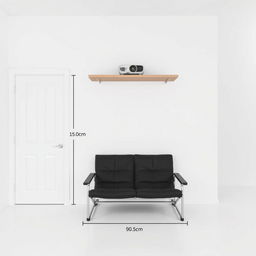 An interior room featuring a stark white wall with a door positioned on the left side