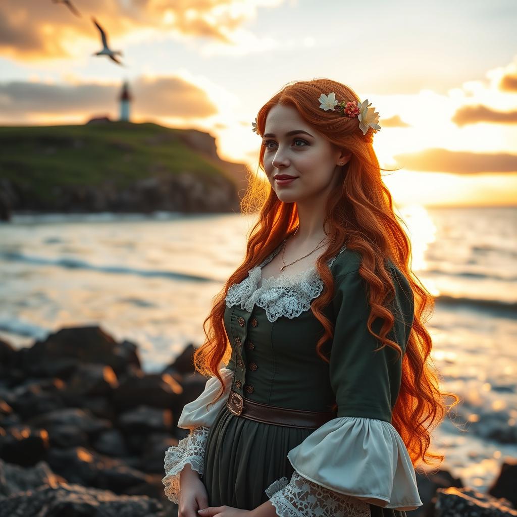 A beautiful Irish woman in traditional 18th-century attire, standing gracefully by the seaside