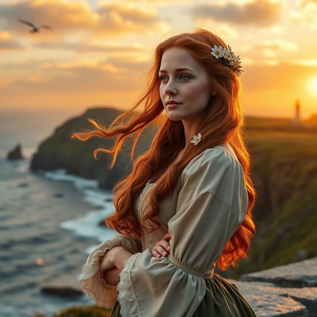 A beautiful Irish woman in traditional 18th-century attire, standing gracefully by the seaside