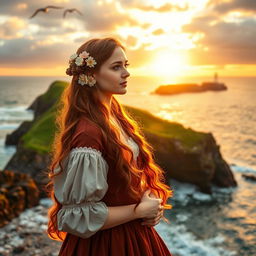 A beautiful Irish woman in traditional 18th-century attire, standing gracefully by the seaside