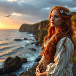A beautiful Irish woman in traditional 18th-century attire, standing gracefully by the seaside