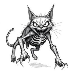 A haunting sketch of a horror-themed cat, featuring sharp, angular lines and dark shading to emphasize its eerie presence