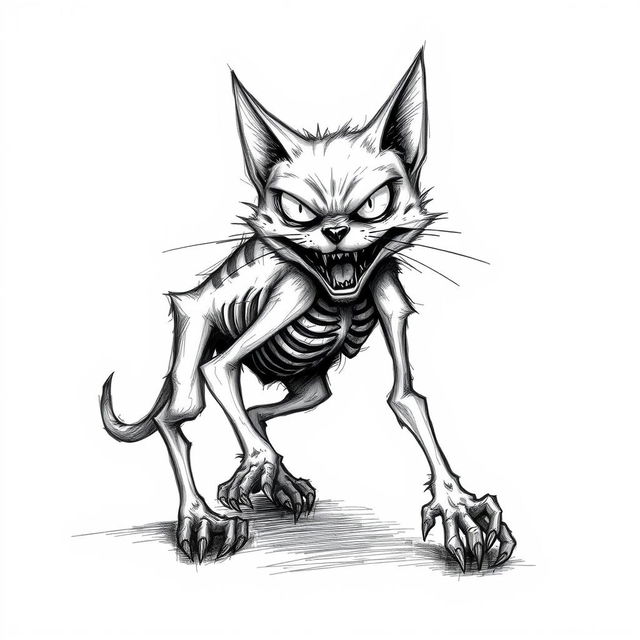 A haunting sketch of a horror-themed cat, featuring sharp, angular lines and dark shading to emphasize its eerie presence