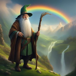 This 8K resolution digital art depicts an elderly leprechaun with a walking stick in a Lord of the Rings-inspired setting