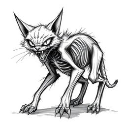 A haunting sketch of a horror-themed cat, featuring sharp, angular lines and dark shading to emphasize its eerie presence