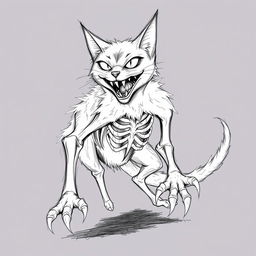 A haunting sketch of a horror-themed cat, featuring sharp, angular lines and dark shading to emphasize its eerie presence