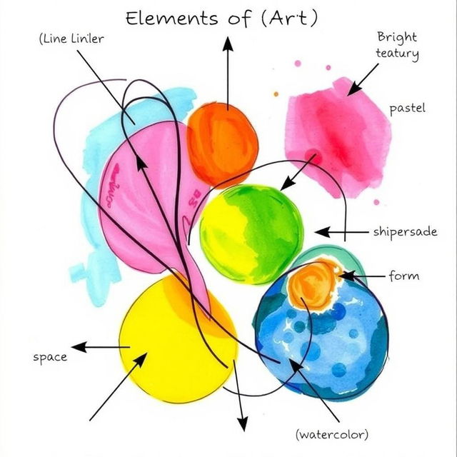 A vibrant, unique artwork on a 1/4 size illustration board, showcasing a harmonious blend of the elements of art including line, shape, color, texture, space, form, and value