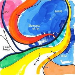A vibrant, unique artwork on a 1/4 size illustration board, showcasing a harmonious blend of the elements of art including line, shape, color, texture, space, form, and value