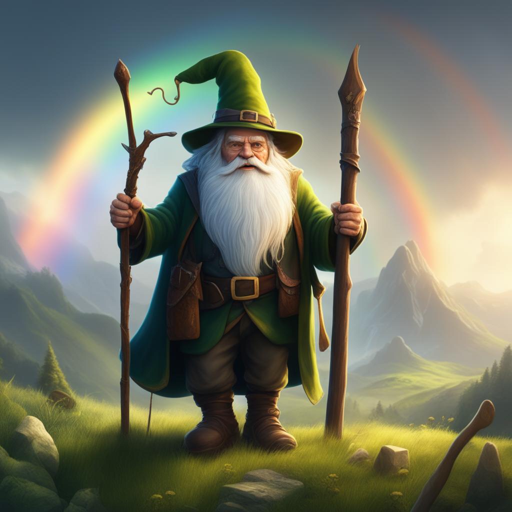 This 8K resolution digital art depicts an elderly leprechaun with a walking stick in a Lord of the Rings-inspired setting