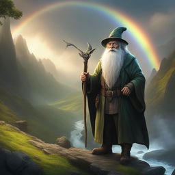 This 8K resolution digital art depicts an elderly leprechaun with a walking stick in a Lord of the Rings-inspired setting