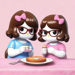 A high-quality digital art image depicts two porcelain Hello Kitty figures enjoying a meal